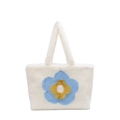White plush tote bag with blue and yellow floral pattern in soft faux fur texture - Blue