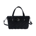 Black woven textured tote bag with pleated design and silver buckle strap detail - Black