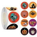 500 Halloween Aufkleber Rolle mit bunten Motiven wie Kürbis, Geist und Vampir Design - 500 Stück/Rolle (3,8 cm) / bunt