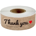 1x3 inch round brown kraft paper stickers with Thank You and red heart on roll - Thank You With Heart Large Roll (D220)