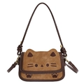Braune Katzen-Umhängetasche mit Stickerei und Lederriemen im Vintage-Stil für Damen - Khaki