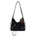Grand sac hobo noir en toile avec bandoulière en cuir marron et petit porte-monnaie rond - Noir