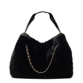 Chic black faux fur hobo bag with leather handle and golden metal chain accent - Black