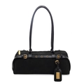 Sac bowling vintage en daim noir avec boucle dorée et longue bandoulière élégante - Noir