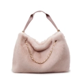 Chic pink faux fur tote bag with long soft plush texture and golden chain strap detail - Pink