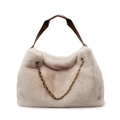 Off-white plush faux fur shoulder bag with leather handle and decorative gold chain - Milky White