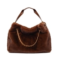 Retro deep brown faux fur hobo bag with gold chain strap and leather handle - Coffee
