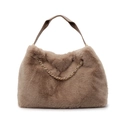 Faux fur handbag in light coffee brown with gold chain strap and leather handle - Dark Khaki