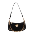 Fashionable black faux suede chain crossbody bag with gold metal triangle plaque - Black