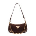 Dark brown suede chain square bag with gold metallic triangular plate and shoulder strap - Brown