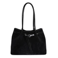 Große schwarze Wildleder-Schultertasche mit Lackleder-Details und weißem Logo-Print - Schwarz