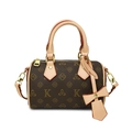 Mini borsa Boston con motivo monogramma vintage, finiture in pelle e fiocco decor - Marrone