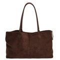 Dark brown matte suede tote bag with minimalist vertical stitching and dual slim handles - Brown