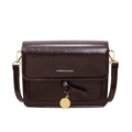 Deep brown glossy PU leather crossbody square bag with golden metallic charm detail - Coffee