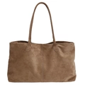Retro brown suede oversized tote bag with vertical stitching and slim shoulder straps - Khaki