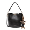 Borsa a secchiello nera in similpelle con manico intrecciato e ciondolo a coniglio - Con Ciondolo / Nero