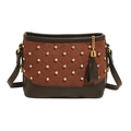 Quilted brown suede crossbody bag with rhinestone accents and black leather trim details - Brown