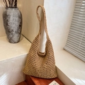 Light brown hollow woven shoulder tote bag featuring a minimalist handmade knit style - Khaki