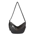 Borsa a tracolla a mezzaluna color caffè scuro con trama in pelle vintage e zip argento - Marrone