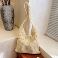 Hollow out woven shoulder bag in cream white color for women beach style shopping - Off White