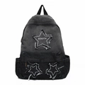 Dark gray denim backpack with distressed star patches and embroidered logo detail - Black