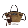 Sac seau en daim marron avec texture plissée et charmant pendentif d'ours en peluche - Sans Pendentif / Kaki