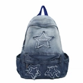 Retro light blue denim backpack with stars and embroidered branding for women - Blue