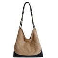 Vintage-Eimer-Einkaufstasche aus Wildlederimitat in Braun und Schwarz mit Goldkette - Khaki