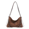 Deep brown matte suede Hobo shoulder bag with a vintage triangular patch and metal buckle - Coffee