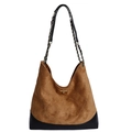 Braune Wildleder-Tote Bag mit schwarzem Boden und Goldkette im Rauten-Steppmuster - Gelbbraun
