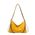 Retro mustard suede tote bag with brown leather straps and metal buckle details - Yellow