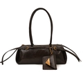 Retro dark brown oil wax leather baguette bag with long double handles and mini pouch - Large / Brown