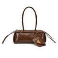 Deep brown glossy leather baguette bag with a chain-link coin purse and metal buckles - Large / Brown