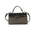 Retro-Handtasche aus Tweed mit Fischgrätmuster und schwarzem Leder mit Metallring-Zipper - Schwarz / Klein
