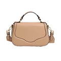 Borsa a sella beige minimalista con profili neri a contrasto e tracolla larga regolabile - Cachi