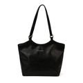 Large capacity black textured faux leather tote bag with elegant silver branding - Black