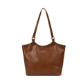 Brown high-quality leather tote bag with silver buckles and thin shoulder straps - Brown