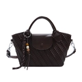 Borsa tote marrone retrò con trama intrecciata, tracolla rimovibile e nappa con perline - caffè