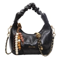 Chic black pleated shoulder bag with gold chain strap and colorful beaded charm accessory - Black