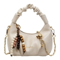 Minimalist soft leather pleated hobo bag in beige with chain strap and beaded charms - Off White