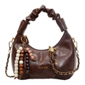Deep brown crescent shoulder bag with pleated handle and colorful wooden bead charms - Brown