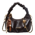 Dark coffee hobo bag with pleated handle, gold chain strap and decorative charms - Brown