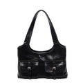 Klassische schwarze Hobo-Schultertasche aus Kunstleder mit doppelten Schnallentaschen vorne - Schwarz