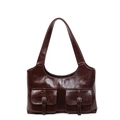Dunkelbraune Retro-Schultertasche aus glänzendem Öl-Wachs-Leder mit doppelten Schnallentaschen - Kaffeebraun
