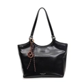 Sac fourre-tout en cuir noir brillant avec logo et charme de nœud marron sur la sangle - Avec Pendentif / Noir