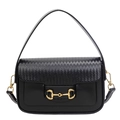 Black saddle bag with woven texture, smooth leather finish and golden horsebit detail - Black