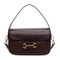 Retro dark brown saddle shoulder bag with woven leather texture and golden horsebit detail - Brown