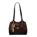 Leopard print tote bag with black leather trim, bow, and beaded heart pendant - With Pendant / Black and Brown