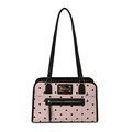 Pink polka dot shoulder bag for women featuring a black bow pattern and zip pocket - Pink