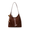 Dunkelbraune Hobo-Tasche aus glänzendem Öl-Wachs-Leder mit Quaste und breitem Schultergurt - Ohne Anhänger / Braun